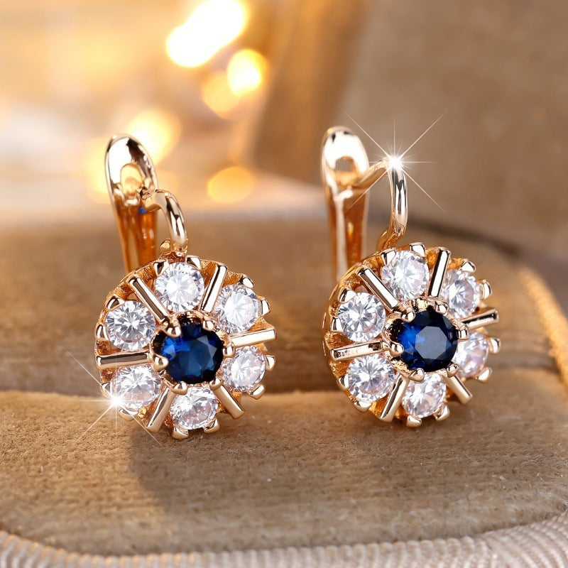 Round White Zircon Sapphire Blue Zircon Flower Basket Earrings York Essential