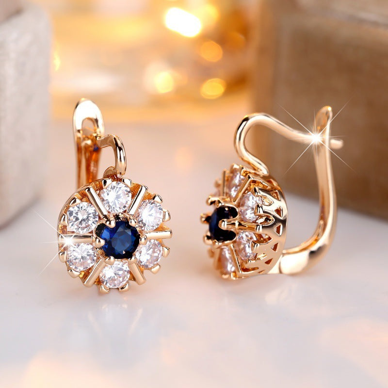 Round White Zircon Sapphire Blue Zircon Flower Basket Earrings York Essential