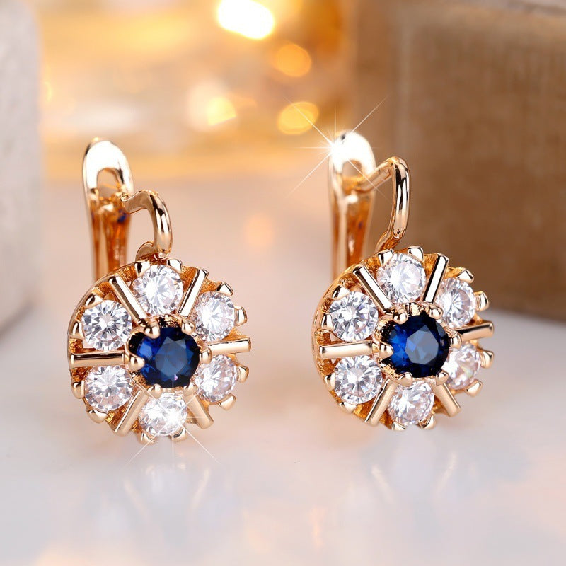Round White Zircon Sapphire Blue Zircon Flower Basket Earrings York Essential