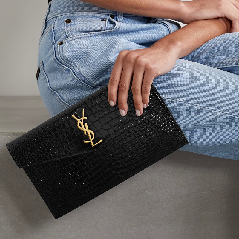 Pochette Uptown Shiny Embossed Crocodile Leather "Gold" York Essential