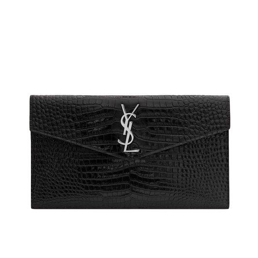 Pochette Uptown Shiny Embossed Crocodile Leather "Silver" York Essential